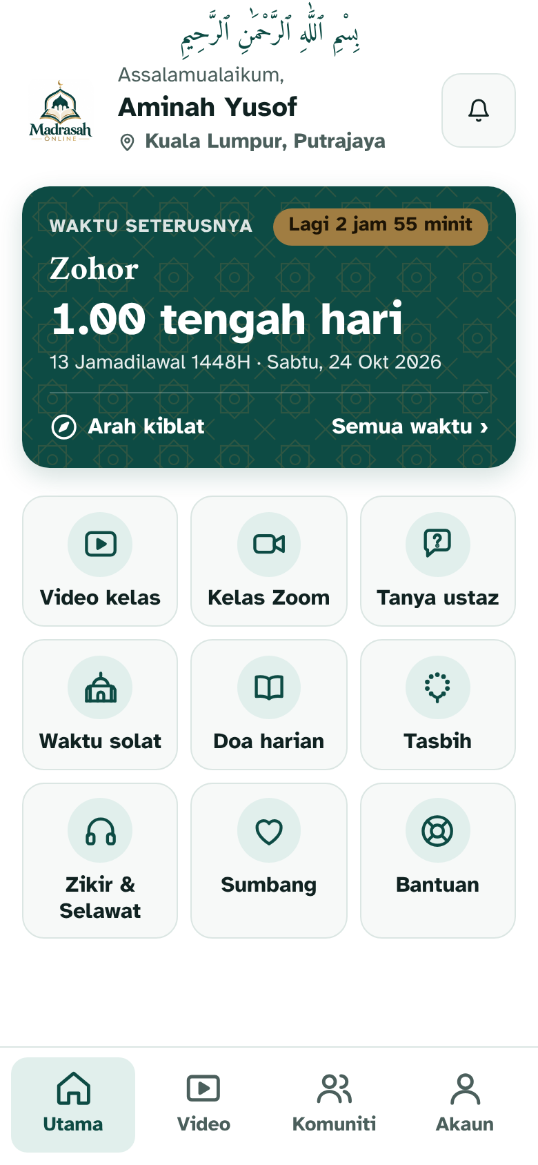 Skrin utama apps: waktu solat seterusnya dan menu video kelas, kelas Zoom, tanya ustaz, doa harian, tasbih dan zikir.